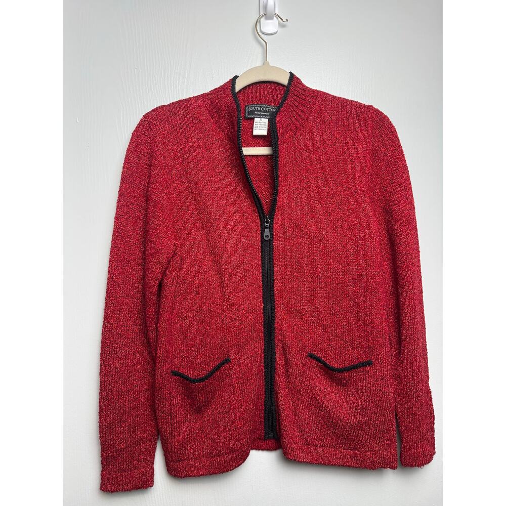 Womens South Cotton Hand Loom Zip Up Red Cardigan with Black Trim size Small